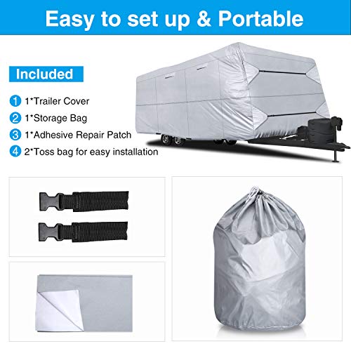 RVMasking Waterproof 150D Travel Trailer Rv Cover 26' 1"- 28' 6" L with Tongue Jack Cover and Adhesive Repair Patch, Ripstop Waterproof Camper Cover