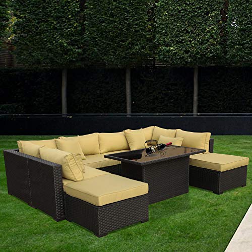 Outdoor PE Wicker Rattan Furniture Set - 9 Piece Patio Garden Sectional Sofa Chair with Olive Green Cushion