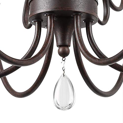 LALUZ Rustic Farmhouse Chandelier, 6-Light Bronze French Country Chandeliers with Crystal Pendants for Dining Room, Living Room, Kitchen, 28''