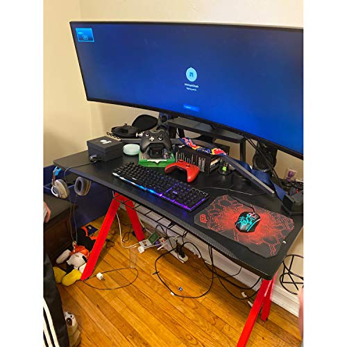 Lazzo Stylish 41.7" Multifunction Computer Gaming Desk Music Workstation With Removable Display Support Plate,Cup Holder and Headphone Hook,Storage Basket,For Home Office Bedroom,Red & Black 41"x23.5"