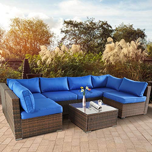 Outdoor Sofa Set Brown Rattan Couch Wicker 7PCS Sectional Conversation Lawn Garden Patio Furniture Set with Royal Blue Cushion