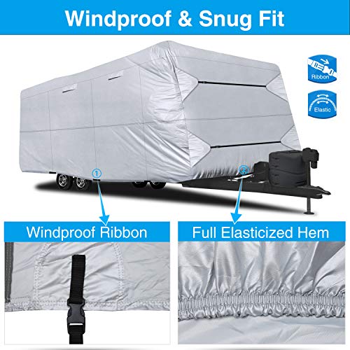 RVMasking Waterproof 150D Travel Trailer Rv Cover 26' 1"- 28' 6" L with Tongue Jack Cover and Adhesive Repair Patch, Ripstop Waterproof Camper Cover
