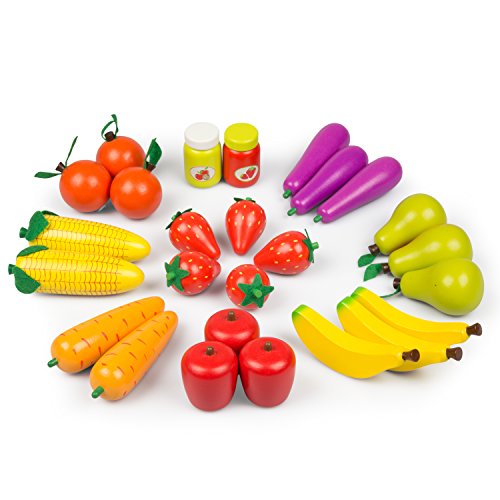 Wooden Farmers Market Stand - Kid's Playroom Furniture Grocery Stand for Pretend Play (30+ Pieces) - Includes Fruit, Chalkboard, and Cash Register