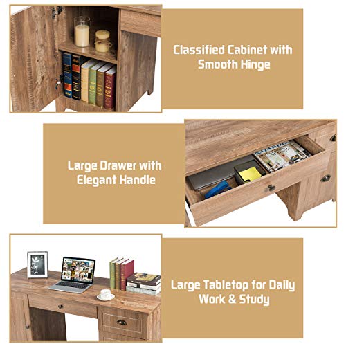 Tangkula 59 Inches Computer Desk, Wood Executive Desk Home Office Desk with Storage Drawers & Cabinet, Writing Study Table Computer Workstation, PC Laptop Desk for Bedroom & Office (Natural)