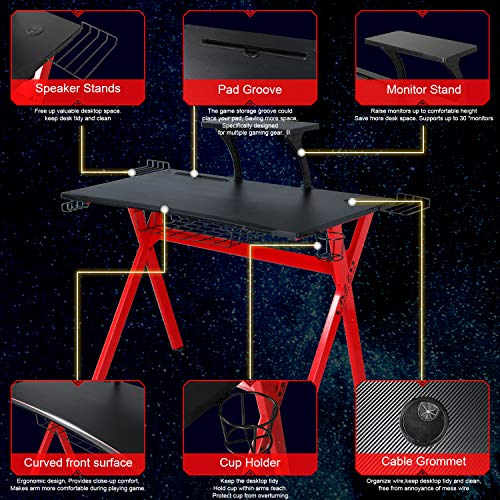 LAZZO X Type Computer Gaming Desk 41" Home Game Table Desk with Display Support Plate, Cup Holder and Headphone Hook,Gamer Workstation, Curved Front Desktop,Red & Black Design(41" Wx23.5 D)