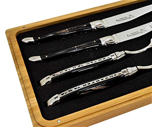 Laguiole en Aubrac Stainless Steel Set of 2 Forks and 2 Knives with Water Buffalo Handle