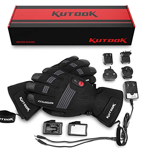 KUTOOK Electric Heat Gloves Rechargeable Battery Heated Gloves Waterproof Windproof in Winter Cold Weather Men Women Black Large
