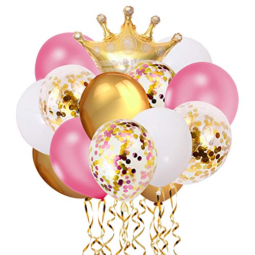 61 Pcs Pink White Gold Latex Balloons Set,12 Inch Pink Confetti Ballons and Gold Crown Foil Balloon Party Supplies for Girl Baby Shower Bridal Shower Birthday Wedding Party Decoration…