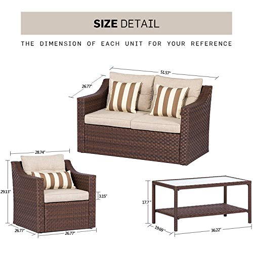 SOLAURA Outdoor Patio Furniture Set 5-Piece Conversation Set All Weather Wicker Furniture Sofa Set with Sophisticated Glass Coffee Table-Brown
