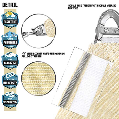 TANG Sunshades Depot A Ring Design Steel Cable Wire Reinforcement 43'x43'x43' Equilateral Triangle Sun Shade Sails Beige Heavy Duty Permeable 260GSM UV Block Patio Garden Deck Dock Carport Cover