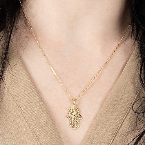 14K Yellow Gold Ornate Hamsa Necklace - 14K Solid Gold Delicate Jewish Pendant, Dainty Hand of Fatima Jewelry, Delicate Ethnic Handmade Necklace for Her - Unique Jewelry Gifts for Women