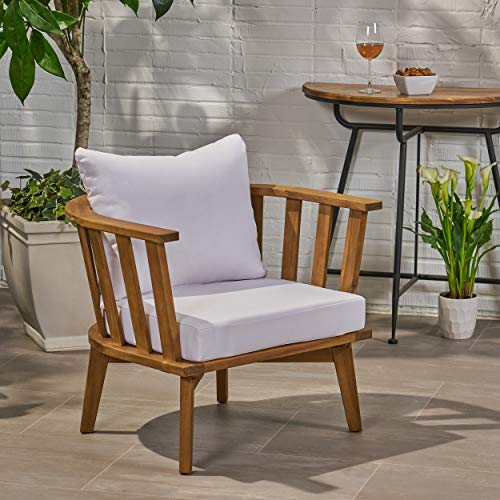 Christopher Knight Home 309123 Dean Outdoor Wooden Club Chair with Cushions, White and Teak Finish
