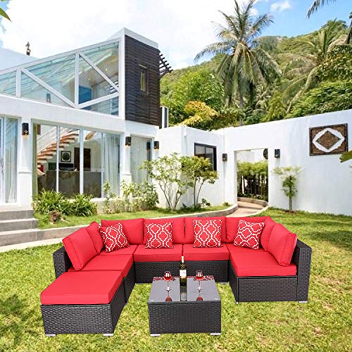 Do4U 8 Pieces Patio Furniture Sets Outdoor All-Weather Wicker Rattan Sofa Cushioned Seating and Back Sectional Conversation Set, Two Red Pillows (Red)