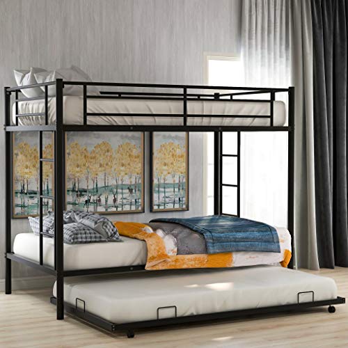 Metal Twin Over Twin Bunk Beds with Trundle Bed Twin Bunk Beds for Kids No Box Spring Required (Black (Twin Bunk with Trundle))
