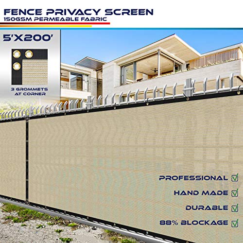 Windscreen4less Heavy Duty Privacy Screen Fence in Color Beige with White Stripes 5' x 200' Brass Grommets w/3-Year Warranty 150 GSM (Customized Size)