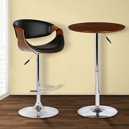Armen Living Butterfly Swivel Adjustable Barstool in Black Faux Leather and Walnut Wood Finish