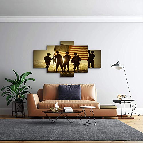 Large USA US American Military Soldiers Army Flag Wall Art Canvas Prints Home Decor Pictures Decals for Living Room Bedroom Office 5 Panel Poster Paintings Wooden Framed Ready to Hang (70"Wx40"H, 24)
