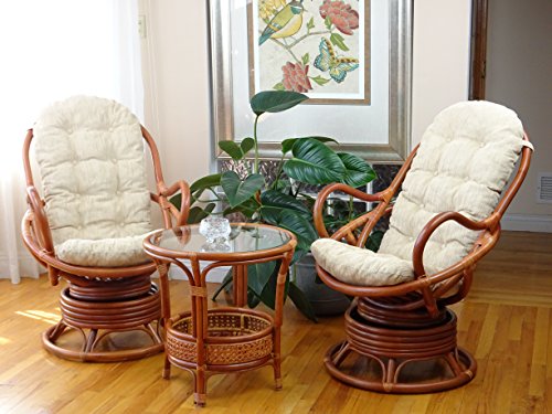 Java Lounge Swivel Rocking Chair with Cream Cushion Natural Rattan Wicker Handmade, Colonial