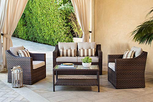 SOLAURA Outdoor Patio Furniture Set 5-Piece Conversation Set All Weather Wicker Furniture Sofa Set with Sophisticated Glass Coffee Table-Brown