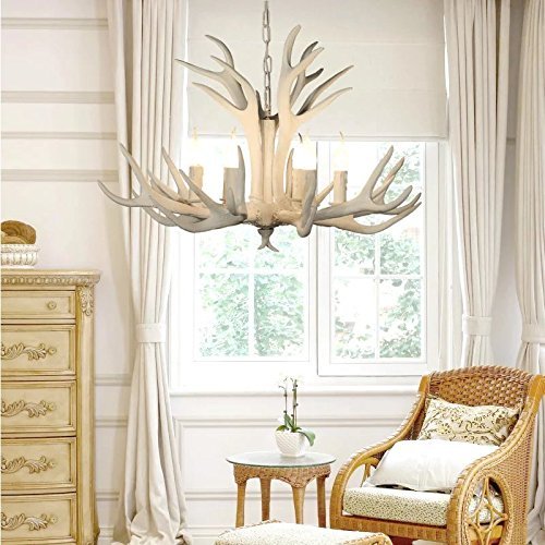 EFFORTINC Vintage Style Resin White Antler Chandelier 6 Lights,Living Room,Bar,Cafe, Dining Room, Bedroom,Study,Villas,American Retro Deer Horn Pendant Lights