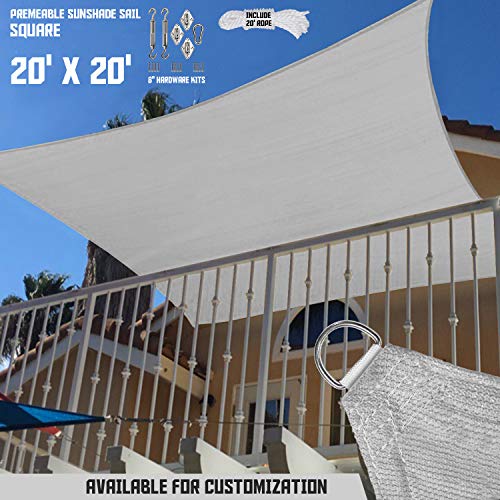 TANG Sunshades Depot 20'x20' Sun Shade Sail for Outdoor Facility and Activities 180 GSM with 8'' inch Hardware Kit Square Permeable Canopy Light Gray/Light Grey Custom Commercial Standard