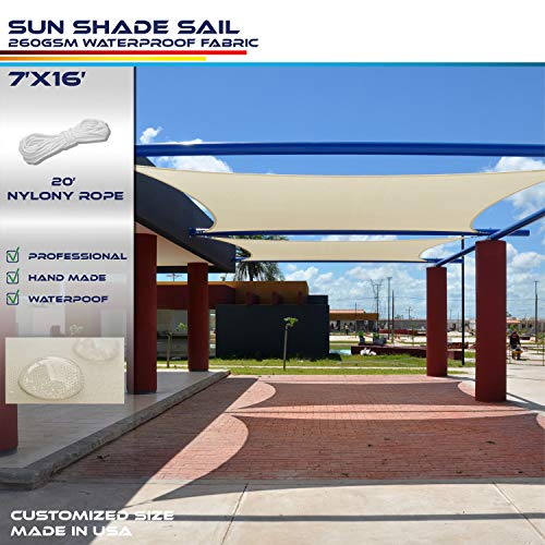 Windscreen4less Terylene Waterproof Sun Shade Sail UV Blocker Rectangle Sunshade Patio Canopy Sail 7' x 16' in Color Beige Included Free Pad Eyes 260GSM - Customized Sizes