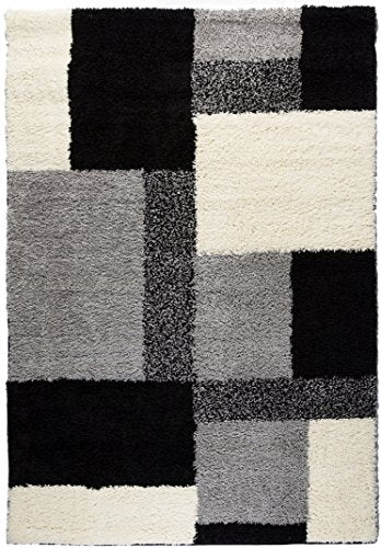 Modern Shag Geometric 8x10 (7'10" x 9'10") Area Rug Cubes Black & Cream Plush Shag Blocks & Squares Plush Shag Easy Care Thick Soft Plush Living Room�