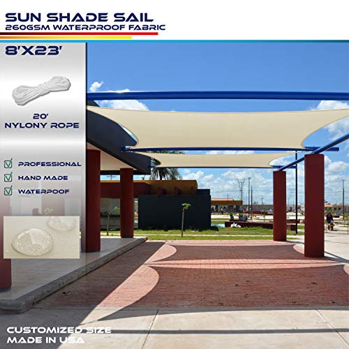 Windscreen4less Terylene Waterproof Sun Shade Sail UV Blocker Rectangle Sunshade Patio Canopy Sail 8' x 23' in Color Beige Included Free Pad Eyes 260GSM - Customized Sizes
