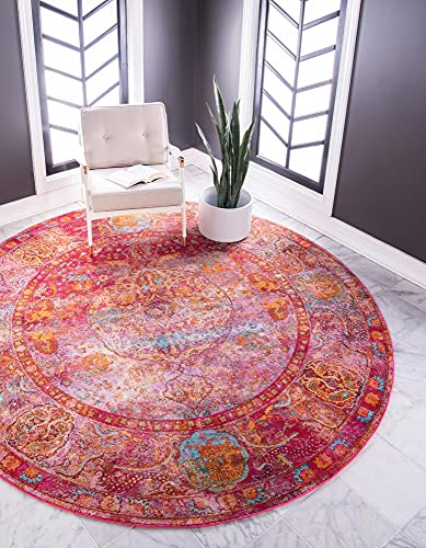 Unique Loom Baracoa Collection Bright Tones Vintage Traditional Round Rug, 8 ft 4 in, Red/Pink
