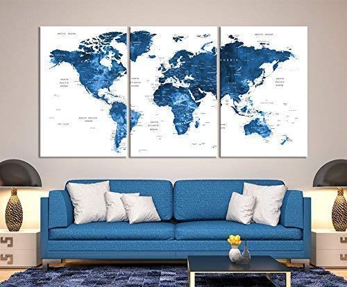 Large Wall Art Push Pin World Map Canvas Print - Extra Large Navy Blue World Map on White Background Wall Art Canvas Print