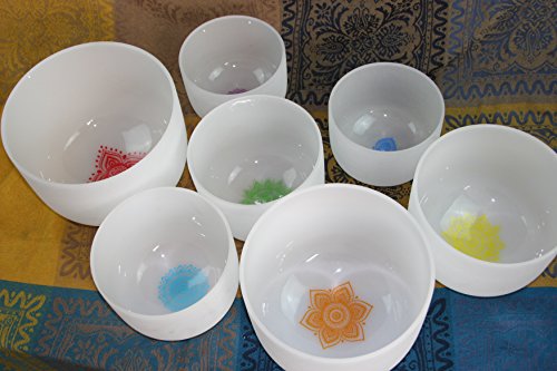 Set of 7 Frosted Quartz Crystal Singing Bowls 8''-12'' CDEFGAB With Chakra Design