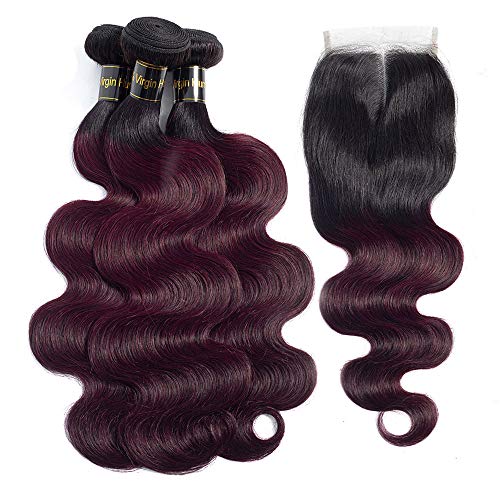 12A Brazilian Remy Hair Body Wave Bundles with Closure 2 Tone Ombre Hair 20" 18" 16" with 14" Free Part Burgundy Dark Wine Red Two Tone Ombre Bundles with Lace Closure