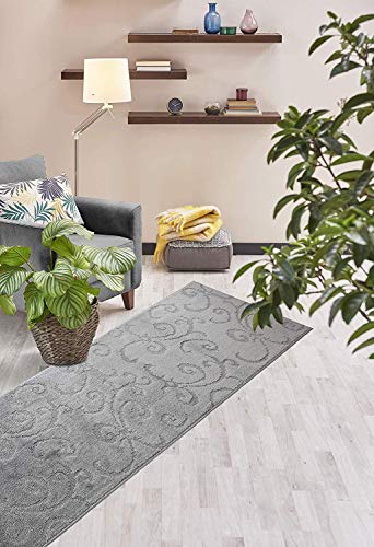 Custom Length Hallway Runner Rug,Slip Resistant,Scroll Grey, 26 Inch X 27 feet, Sold and Priced Per Foot