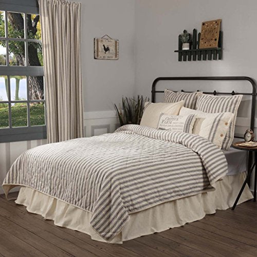 Piper Classics Market Place Gray Ticking Stripe California King Quilt, 103" x 103", Charcoal Gray & Natural Cream Quilted Country Farmhouse Style Bedding
