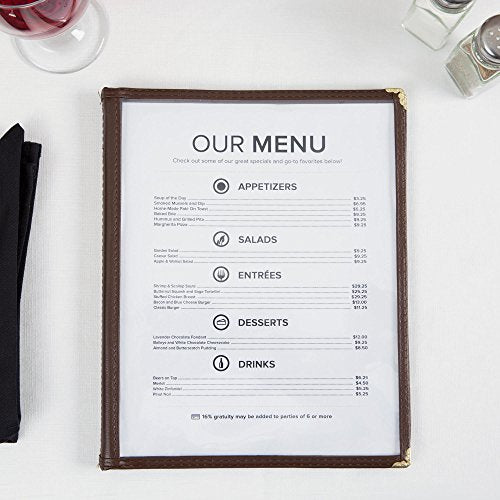 (60 Pack) 4 Page Book Fold Menu Covers, Brown, 8 View, 8.5 x 11-inches Insert Menu Covers with Double Stitched Binding and Protective Corners