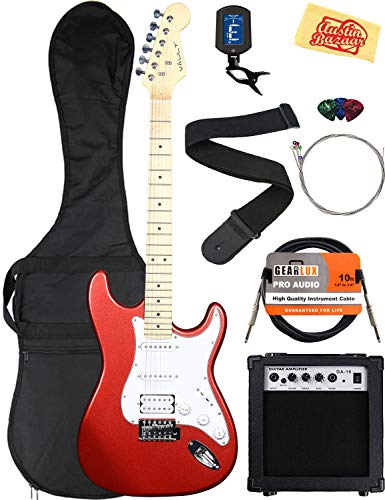 Vault Electric Guitar with Maple Neck Bundle with Gig Bag, 10w Amp, Strap, Tuner, Strings, Instrument Cable, Capo, and Picks - Black