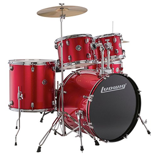 Ludwig Accent Drive Series LC175 Complete Drum Package with Cymbals, Hardware, Drum Throne, Chain-drive Pedal and Sticks (Red foil)