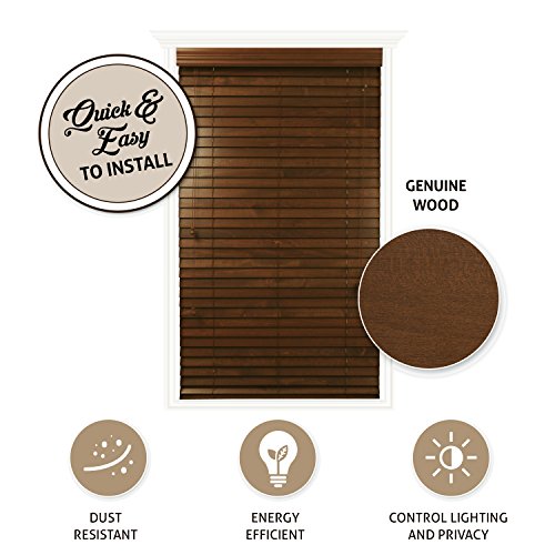Luxr Blinds Custom-Made Real Wood Horizontal Window Blinds with Easy Inside Mount - 47" x 60" - 2" Wooden Slats - Premium Quality Basswood - Pecan