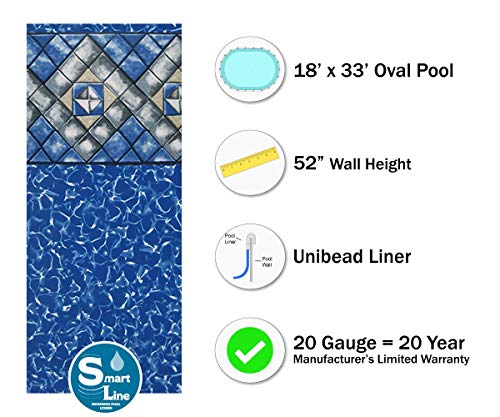 Smartline Manor 18-Foot-by-33-Foot Oval Pool Liner | UniBead Style | 52-Inch Wall Height | 20 Gauge Virgin Vinyl Material | Heavy-Duty Liners | Designed for Steel Sided Above-Ground Swimming Pools