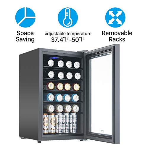 KUPPET Mini Fridge Cooler - 85 Can Beverage Refrigerator Glass Door for Beer Soda or Wine, Glass Door Small Drink Dispenser Machine Clear Front Removable for Home, Office or Bar, 2.6Cu.Ft