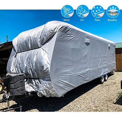 RVMasking Waterproof 150D Travel Trailer Rv Cover 26' 1"- 28' 6" L with Tongue Jack Cover and Adhesive Repair Patch, Ripstop Waterproof Camper Cover