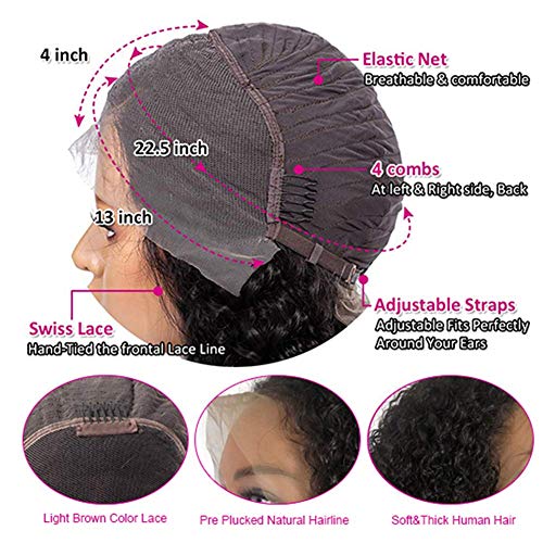 13x4 150% Density Deep Wave Lace Front Wigs Human Hair Pre Plucked Curly Lace Front Wigs Wet and Wavy Virgin Vshow Hair with Baby Hair 22 Inches for Black Women Natural Color