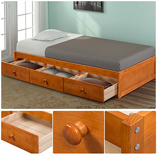Size Platform Storage (Brown Cherry) Daybed Twin with 3 Drawers, 500 lb Heavy Duty Bed Frame No Headboard No Box Spring Need Sturdy Pine Wood Construction Spa