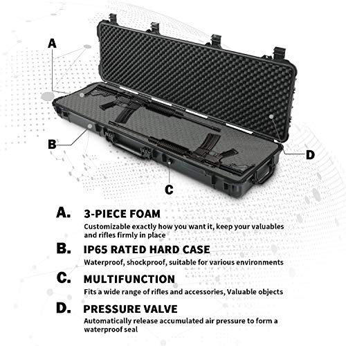 Lauraland 53 Inch Carrying Rifle Case, All Weather Water-Proof Safety Hard Gun Case with Foam with Wheels and Cuttable Foam