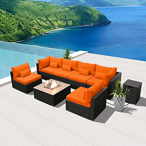 Modenzi Outdoor Sectional Patio Furniture W/ Propane Fire Pit Table Espresso Brown Wicker Resin Garden Conversation Sofa Set