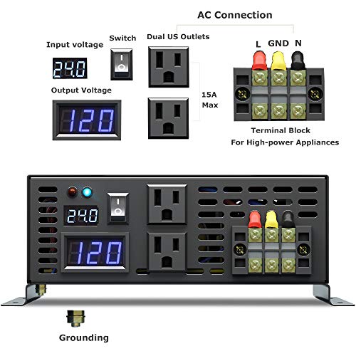 WZRELB Reliable 2000W High Frequency LED Display Power Generator True Pure Sine Wave Solar Power Inverter Off Grid DC to AC 24V 120V Converter(Black)