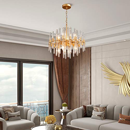 TZOE Modern Chandeliers,Crystal Chandelier,8 Light Round Pendant Light,Width 19 inch,Golden Metal + Clear Glass,Adjustable Height,UL Listed