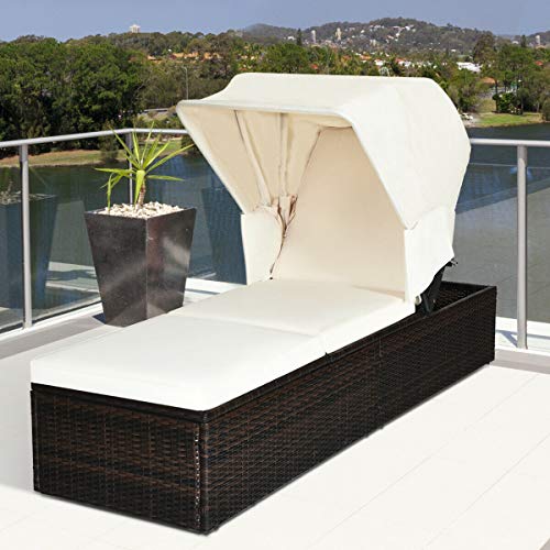 Tangkula Outdoor Chaise Lounge Chair with Folding Canopy, Adjustable Cushioned Reclining Chair with Flip-up Tea Table, Rattan Sun Lounger for Beach Poolside Backyard Balcony Porch (1)