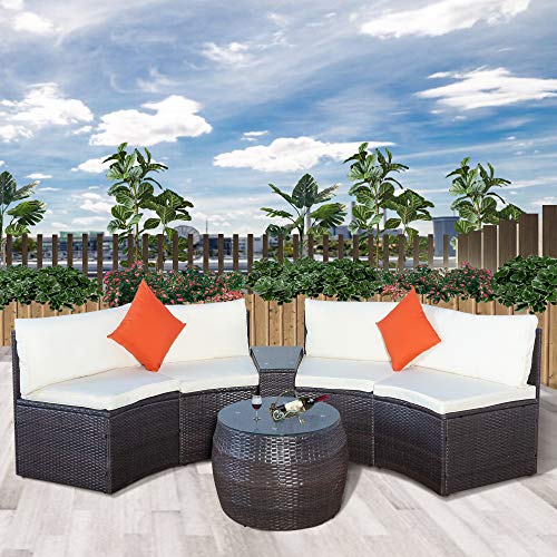 LZ LEISURE ZONE 6-Piece Outdoor Patio Sofa Furniture Sets Half-Moon Sectional Wicker W/ Two Pillows & Coffee Table Beige Cushions