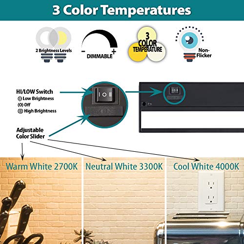 LED Under Cabinet Lighting by NSL - Dimmable Hardwired or Plugged-in installation - 3 Color Temperature Slide Switch - Warm White (2700K), Soft White (3000K), Cool White (4000K) - 40 Inch Black Finish